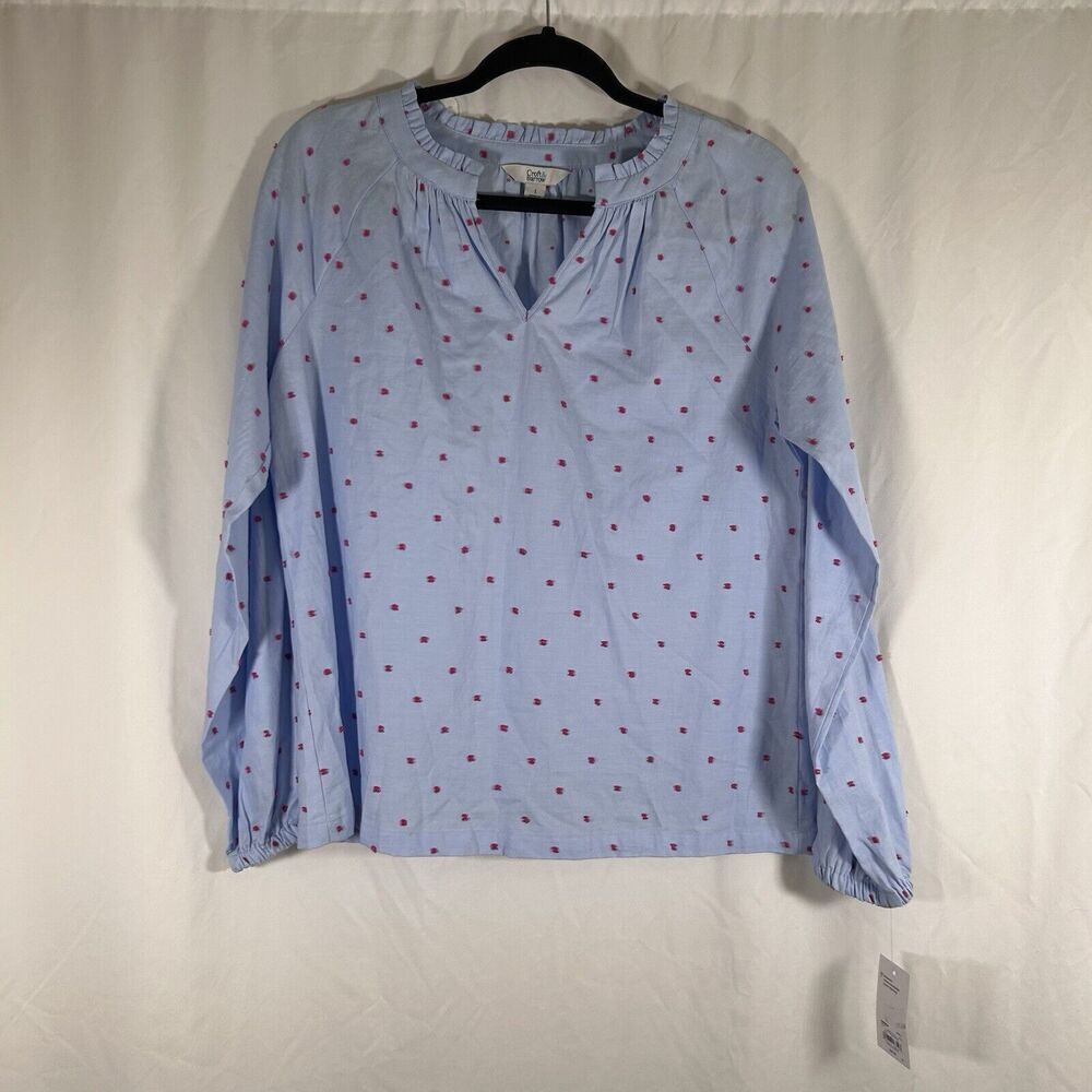 New Croft & Barrow Blouse Women's Small Blue Pink Polka Dot Vneck Long Sleeve